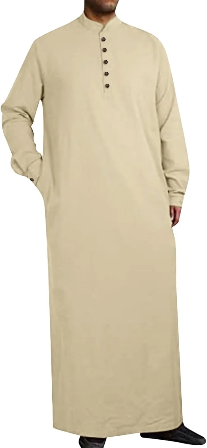 Mens Middle Arabic Style Long Mens Button Muslim Robe Long Sleeve Robe Side Slit Robe Mens Short Sleeve Athletic