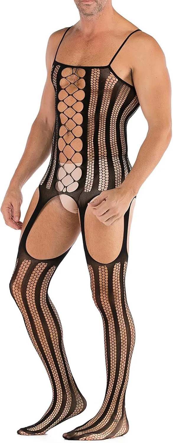 Mens Sexy Lingerie Naughty Elastic Fishnet Bodysuit Lace Hollow Out See Through Mesh Babydoll Underwear Nightgown