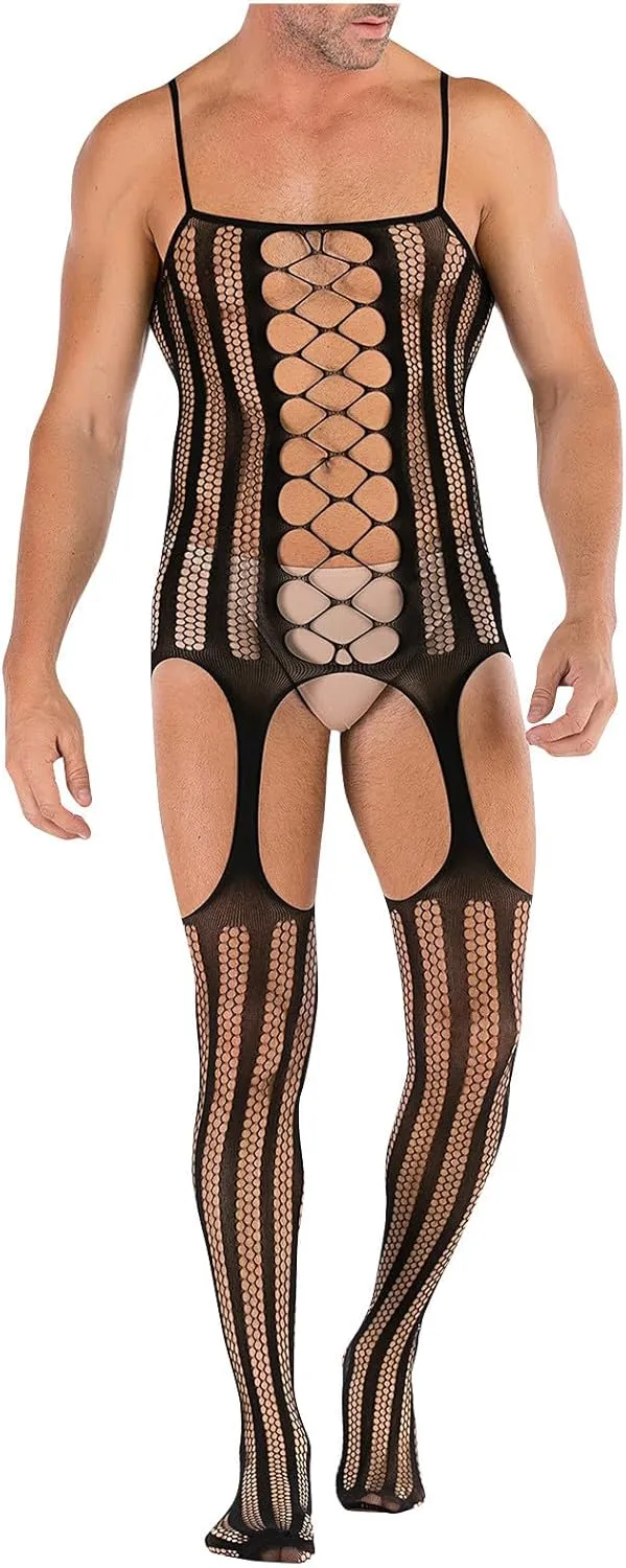 Mens Sexy Lingerie Naughty Elastic Fishnet Bodysuit Lace Hollow Out See Through Mesh Babydoll Underwear Nightgown