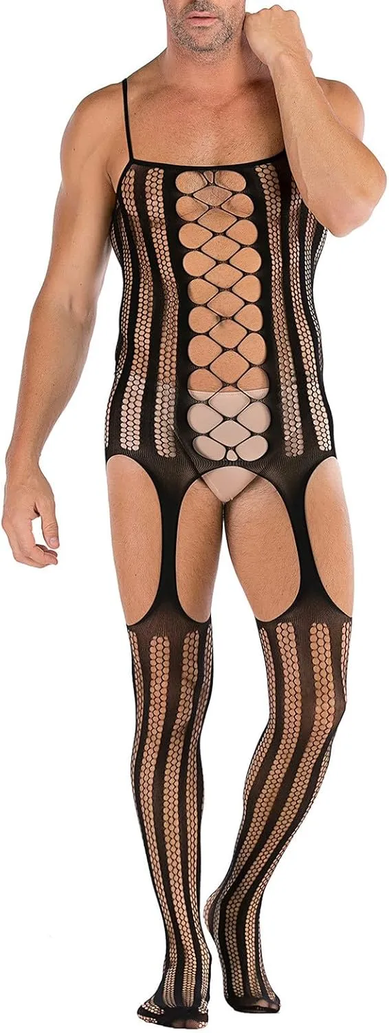Mens Sexy Lingerie Naughty Elastic Fishnet Bodysuit Lace Hollow Out See Through Mesh Babydoll Underwear Nightgown
