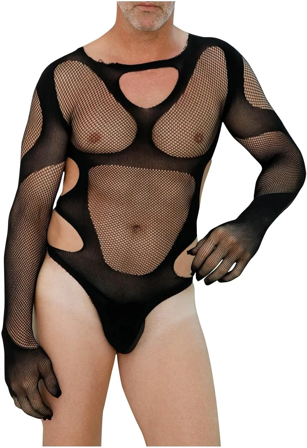 Mens Sexy Lingerie Naughty Elastic Fishnet Bodysuit Lace Hollow Out See Through Mesh Babydoll Underwear Nightgown