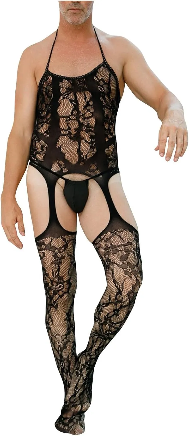 Mens Sexy Lingerie Naughty Elastic Fishnet Bodysuit Lace Hollow Out See Through Mesh Babydoll Underwear Nightgown