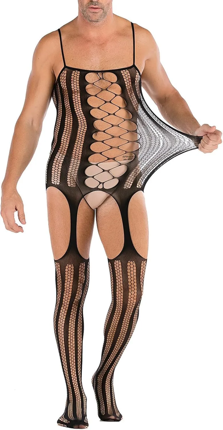 Mens Sexy Lingerie Naughty Elastic Fishnet Bodysuit Lace Hollow Out See Through Mesh Babydoll Underwear Nightgown