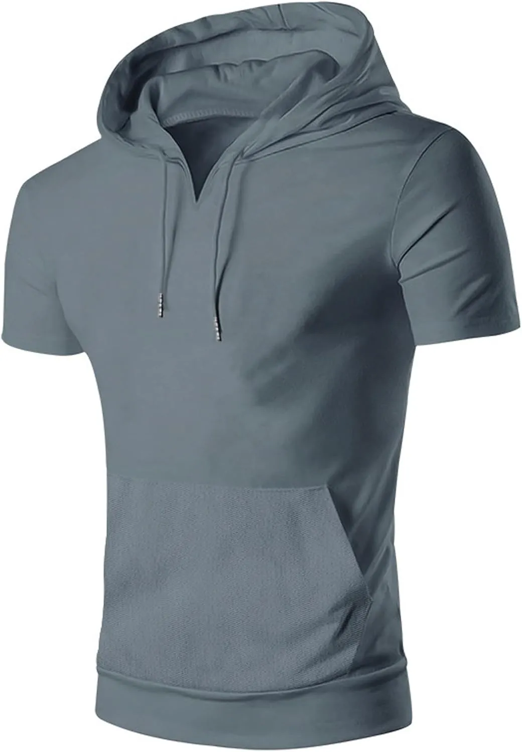 Mens Short Sleeve Hoodies Cotton Blend Summer Lightweight Hooded T-Shirt V Neck Pullover with Kangaroo Pocket