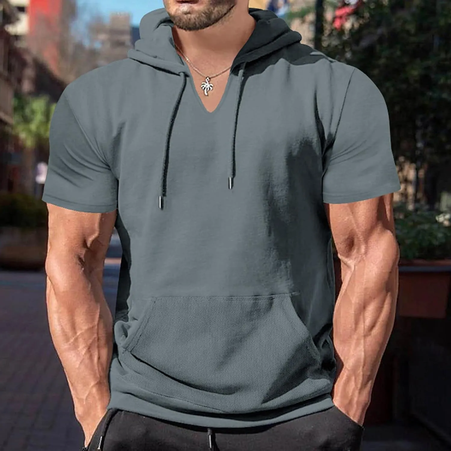 Mens Short Sleeve Hoodies Cotton Blend Summer Lightweight Hooded T-Shirt V Neck Pullover with Kangaroo Pocket