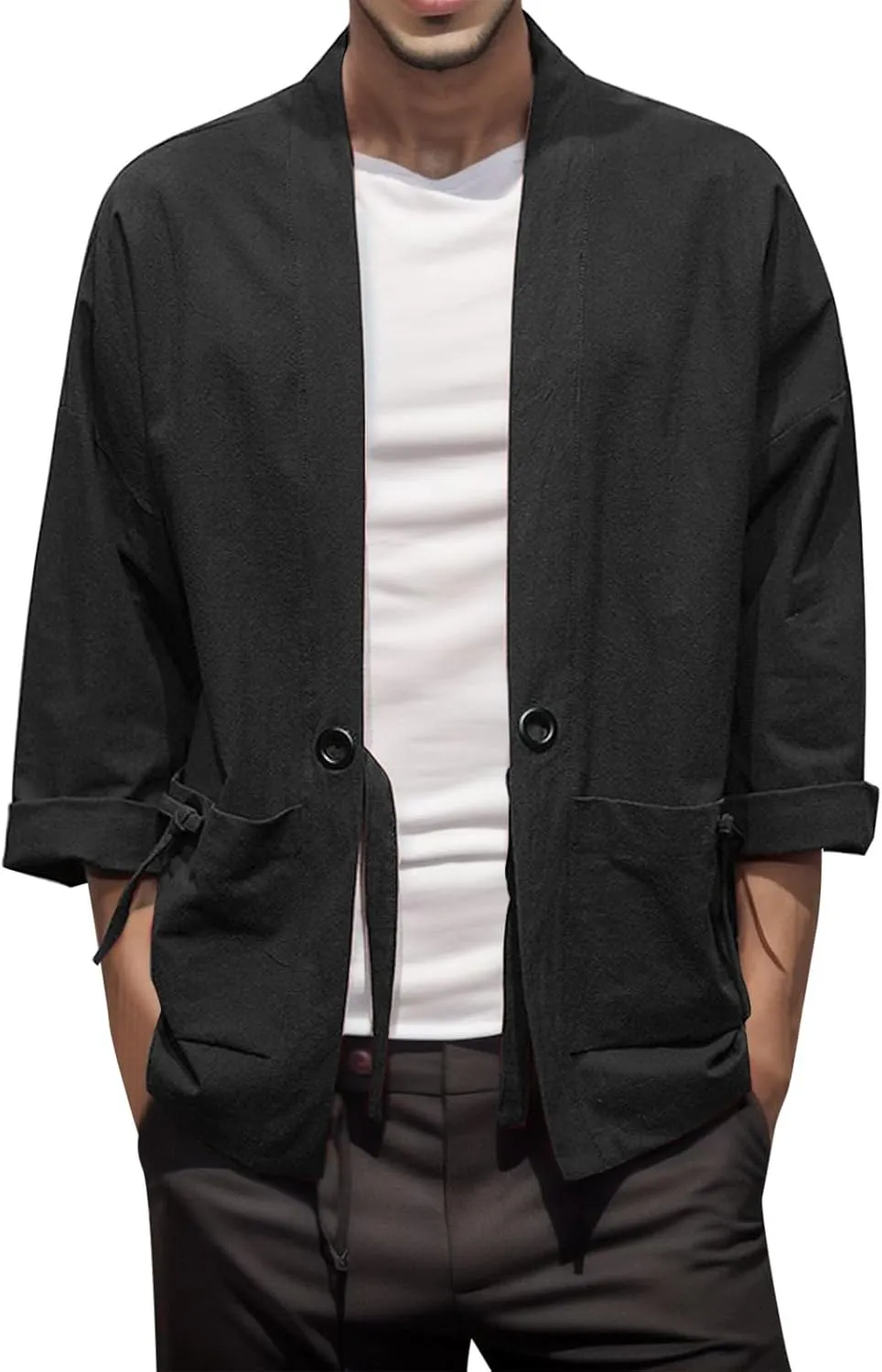 Mens Style National Style Retro Loose Thin Cardigan Kimono Japanese Robe 7 Cropped Sleeve Mens Sweater Zipper Mens Coats