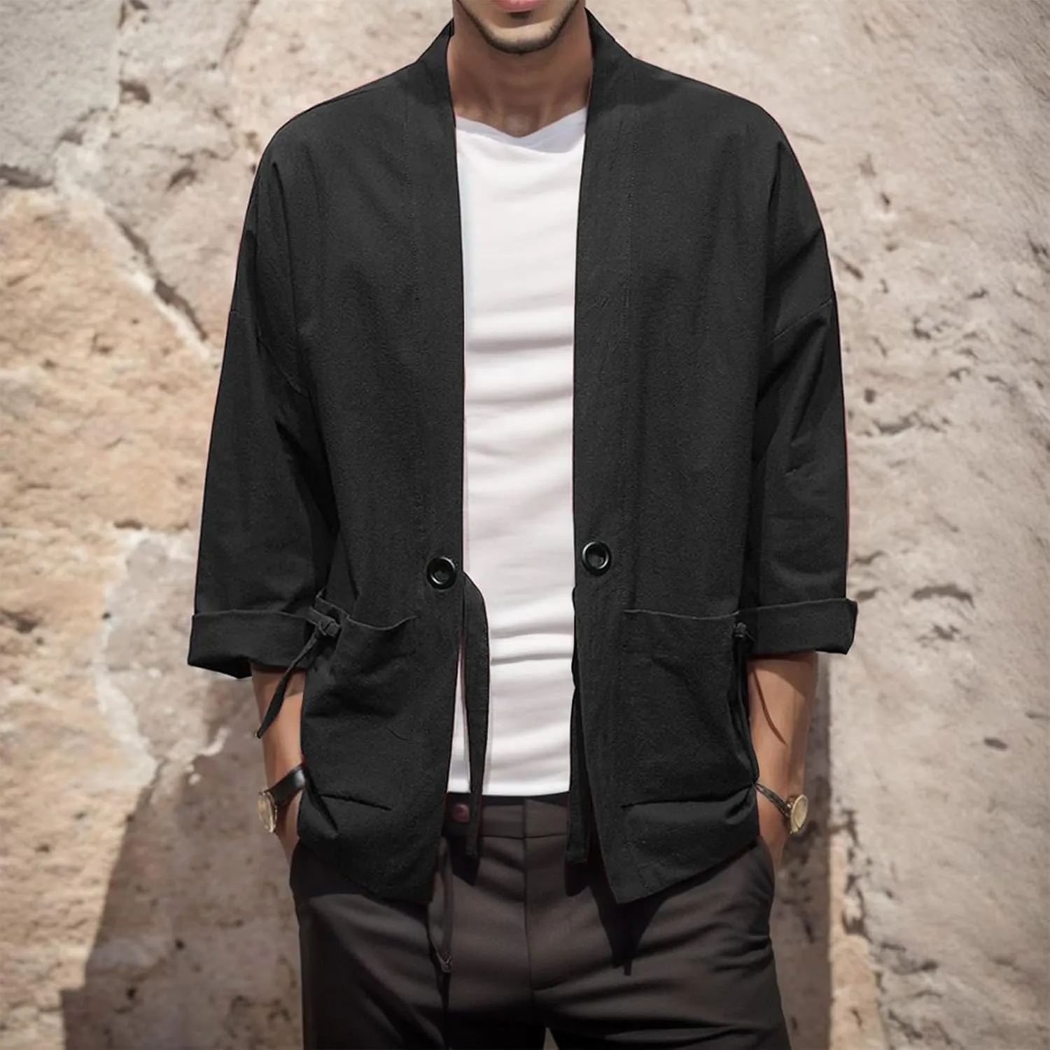 Mens Style National Style Retro Loose Thin Cardigan Kimono Japanese Robe 7 Cropped Sleeve Mens Sweater Zipper Mens Coats