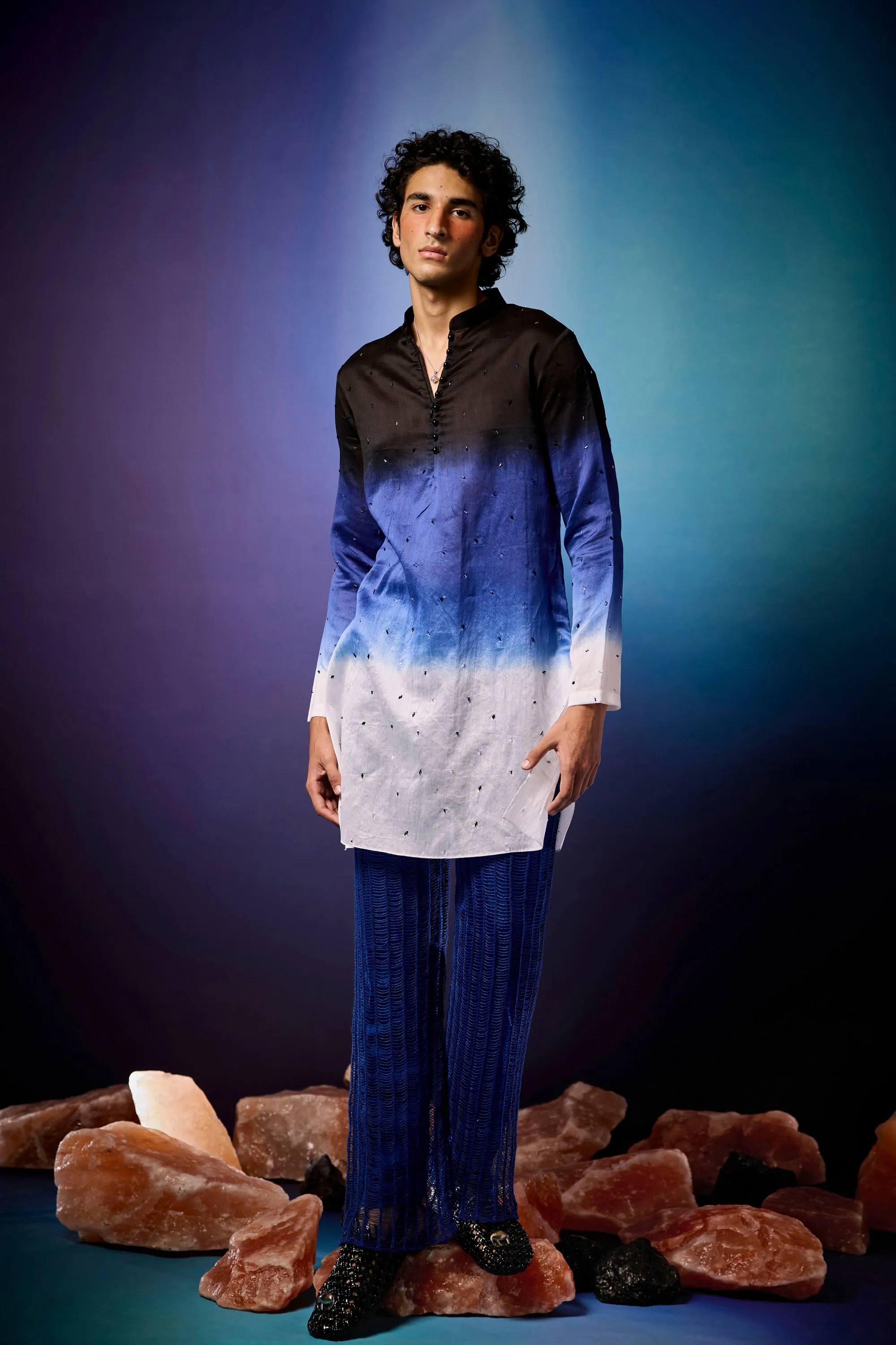 Midnight Nova Kurta Set & Knitted Mesh Overlay