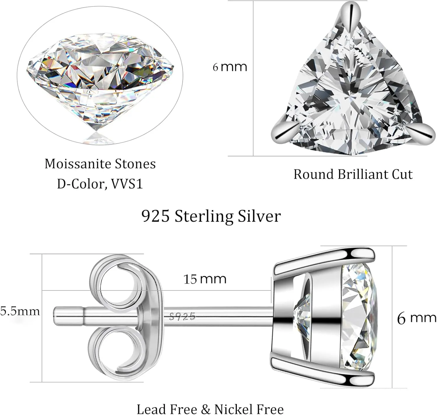 Moissanite Stud Earrings D Color VVS1 Clear Moissanite Earrings 18K Gold Plated 925 Sterling Silver Friction Base Hypoallergenic Earrings for Men Women
