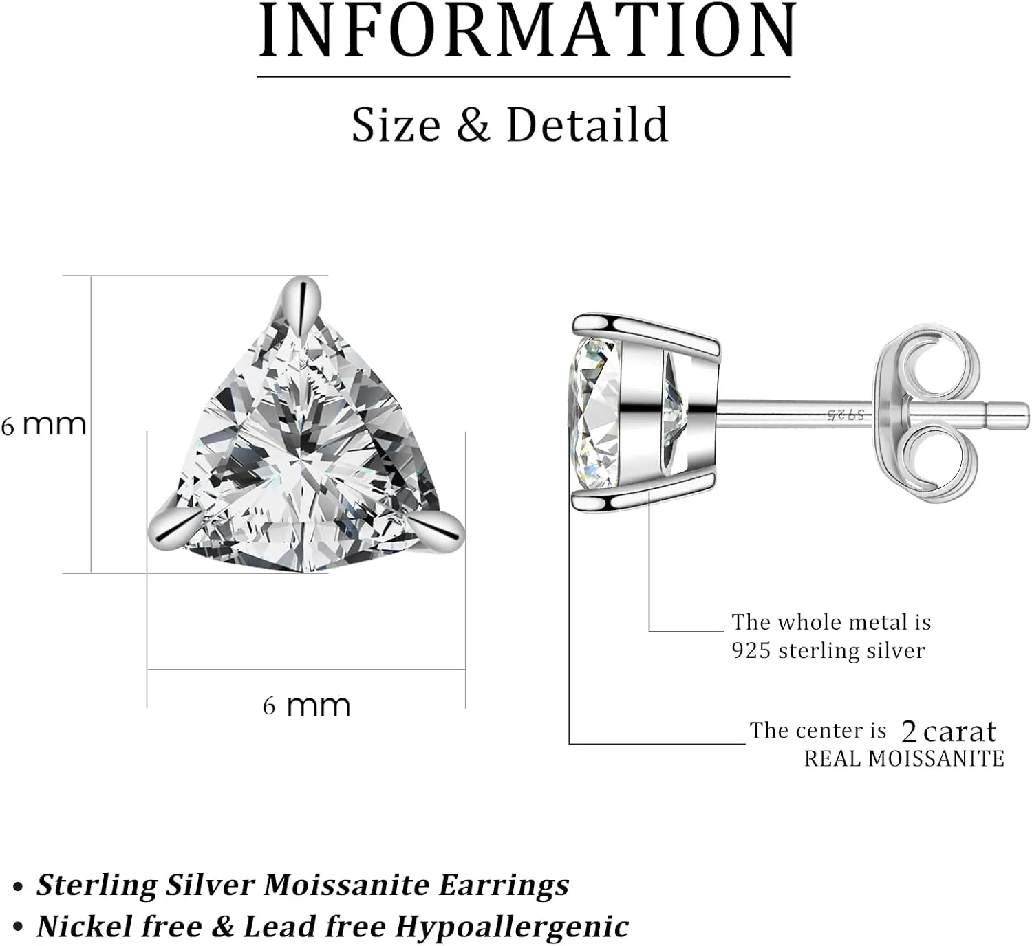 Moissanite Stud Earrings D Color VVS1 Clear Moissanite Earrings 18K Gold Plated 925 Sterling Silver Friction Base Hypoallergenic Earrings for Men Women