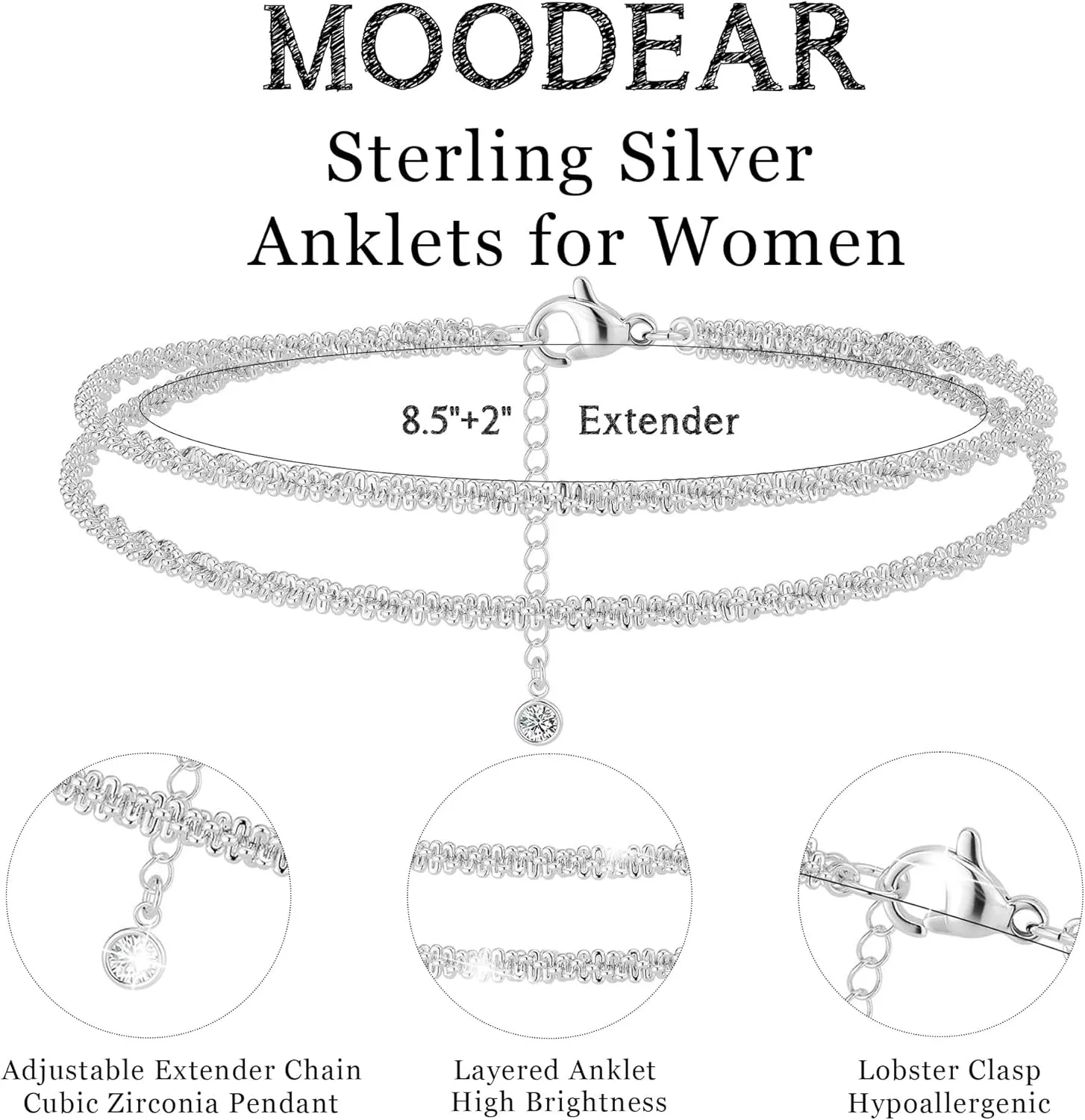 Moodear Sterling Silver Ankle Bracelets for Women - Dainty Layered Waterproof Anklet for Women Adjustable Glitter Gold Plated Anklets Stackable Moon Pendant Summer Beach Anklet Set for Women