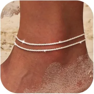 Moodear Sterling Silver Ankle Bracelets for Women - Dainty Layered Waterproof Anklet for Women Adjustable Glitter Gold Plated Anklets Stackable Moon Pendant Summer Beach Anklet Set for Women