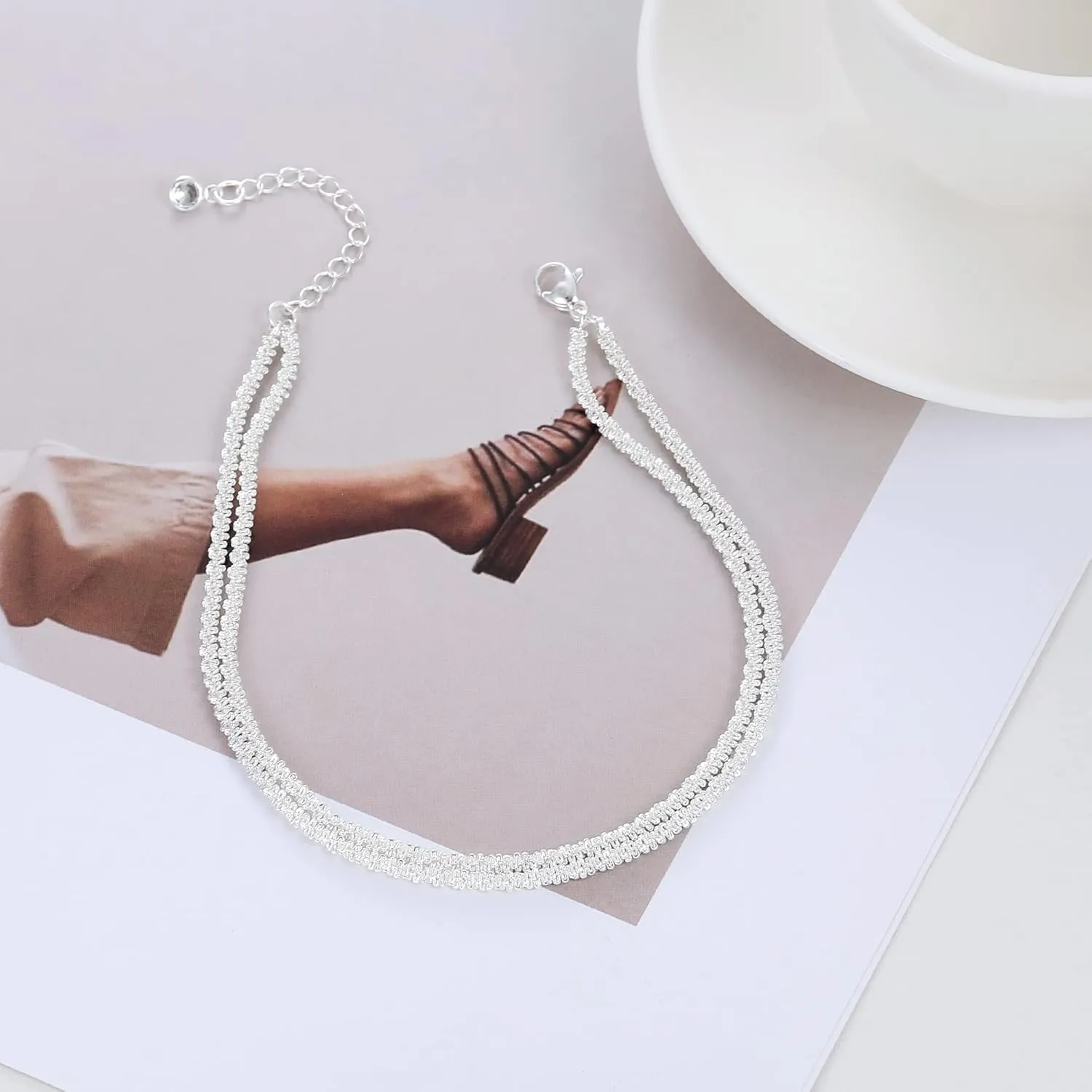 Moodear Sterling Silver Ankle Bracelets for Women - Dainty Layered Waterproof Anklet for Women Adjustable Glitter Gold Plated Anklets Stackable Moon Pendant Summer Beach Anklet Set for Women