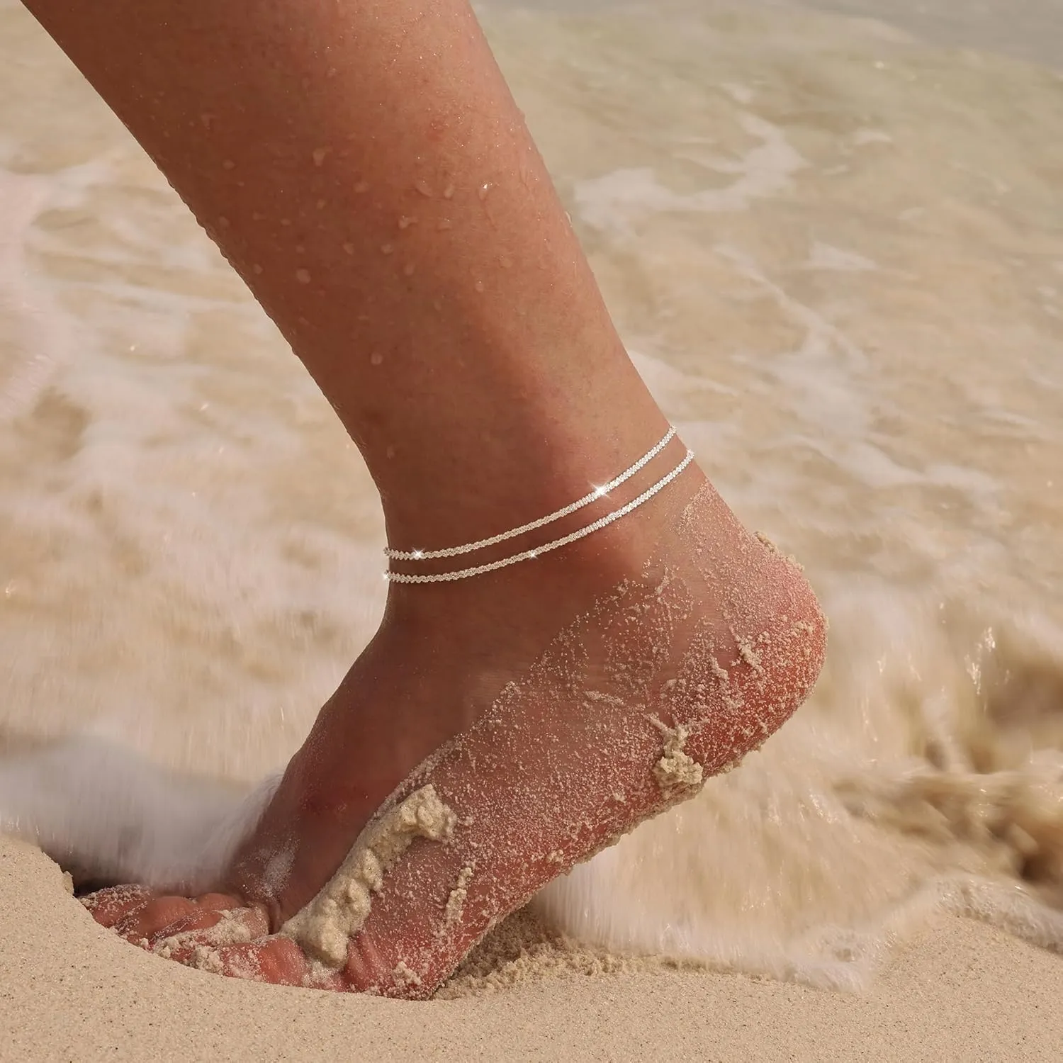 Moodear Sterling Silver Ankle Bracelets for Women - Dainty Layered Waterproof Anklet for Women Adjustable Glitter Gold Plated Anklets Stackable Moon Pendant Summer Beach Anklet Set for Women