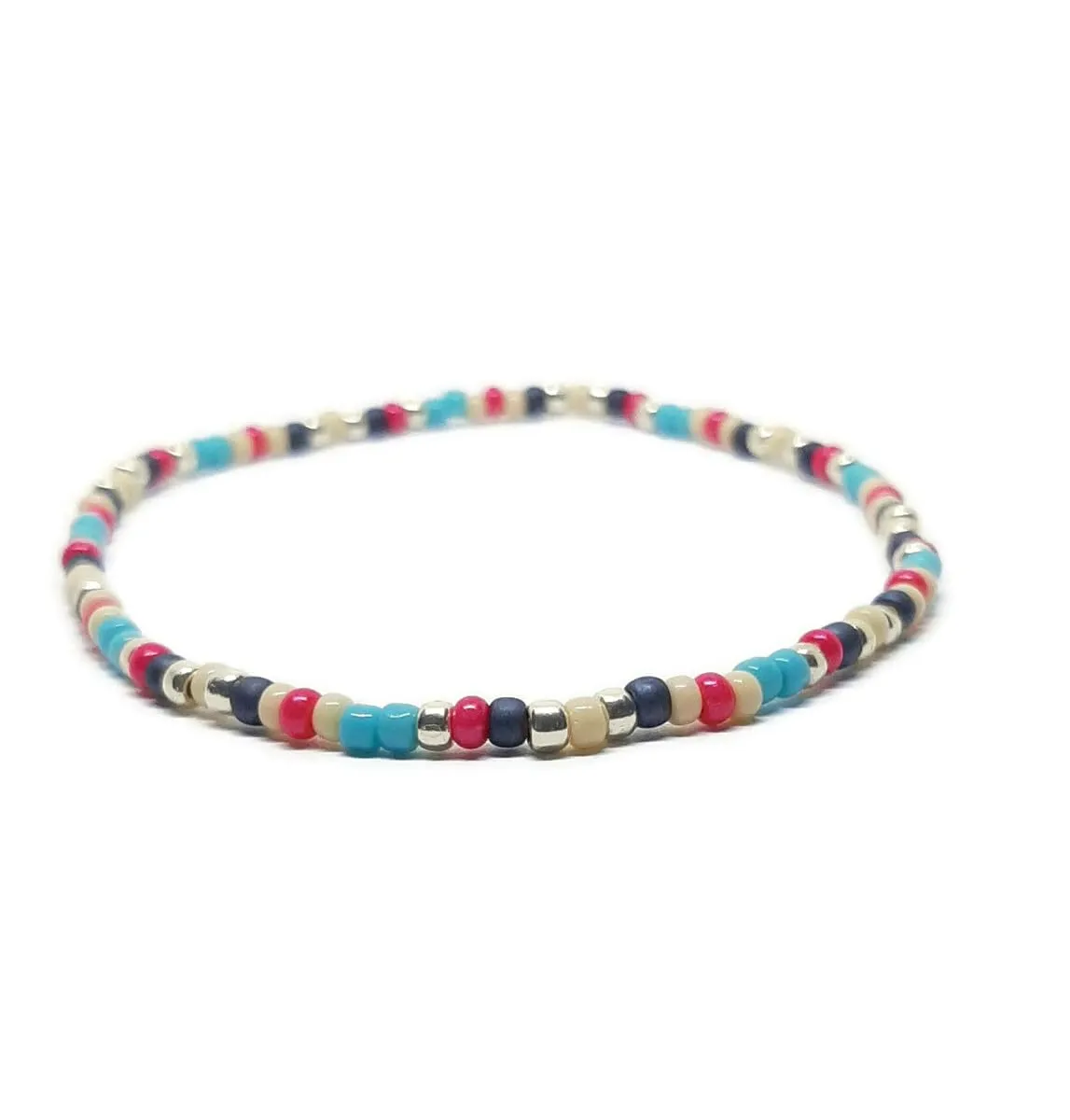 Multi-Color Boho Stretch Anklet, Seed Bead Ankle Bracelet, Turquoise, Pink, Gray, Cream, Silver. 9 inches