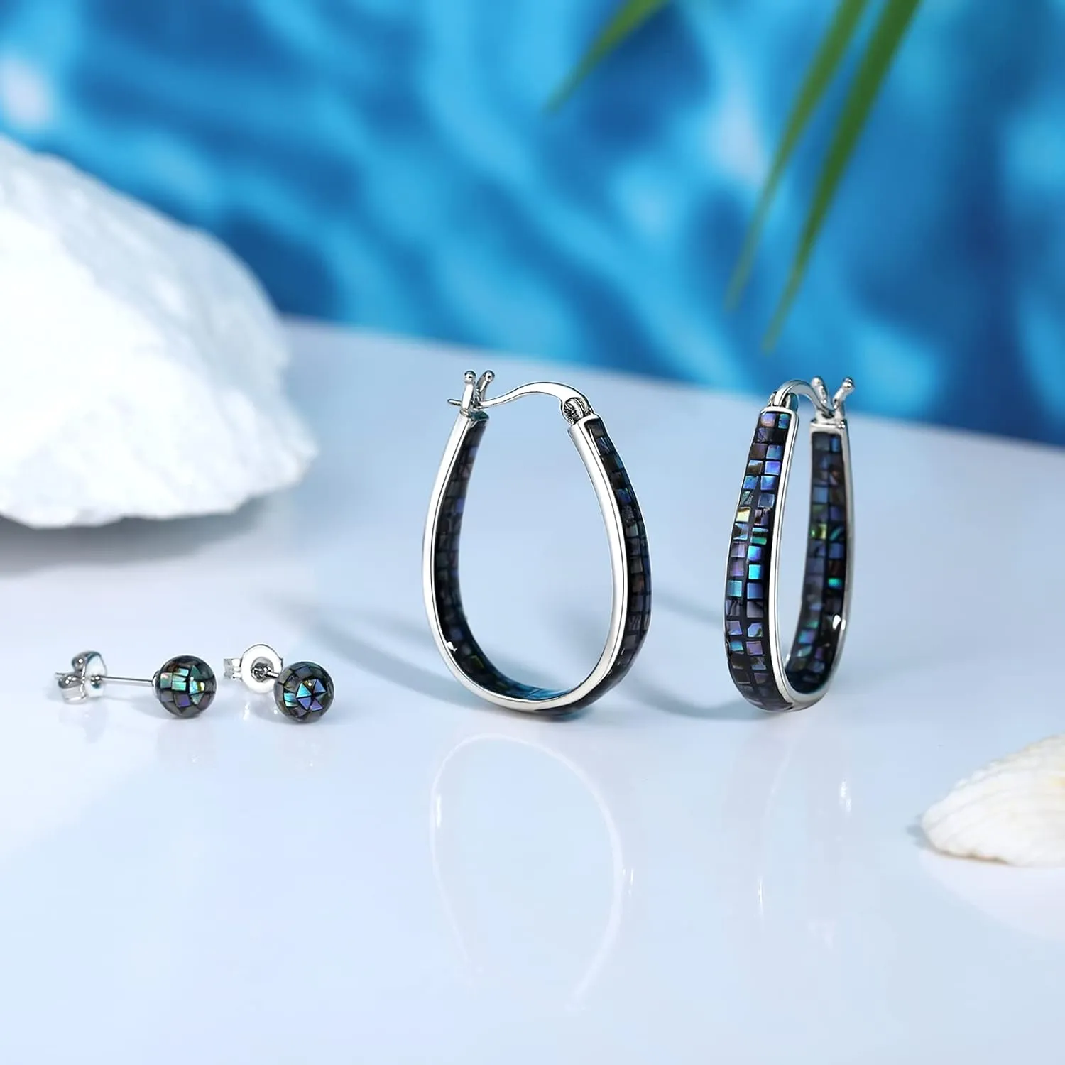 MUYUU Rhodium Plated Oval Inside Out Shell Hoop Earrings For Women&Girls Fashion Jewelry Gift