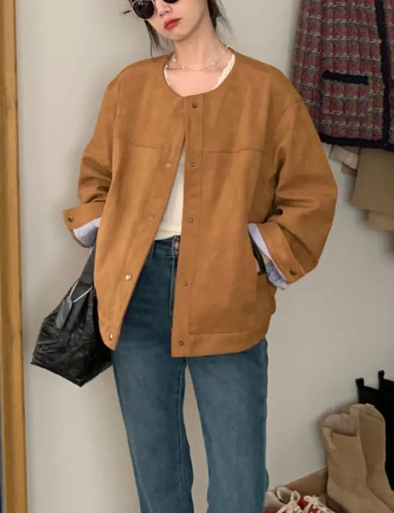 Mywinway Cropped Suede Jacket for Women 2024 Fall Winter Collarless Faux Leather Blazer Jackets Casual Trench Coat Outerwear