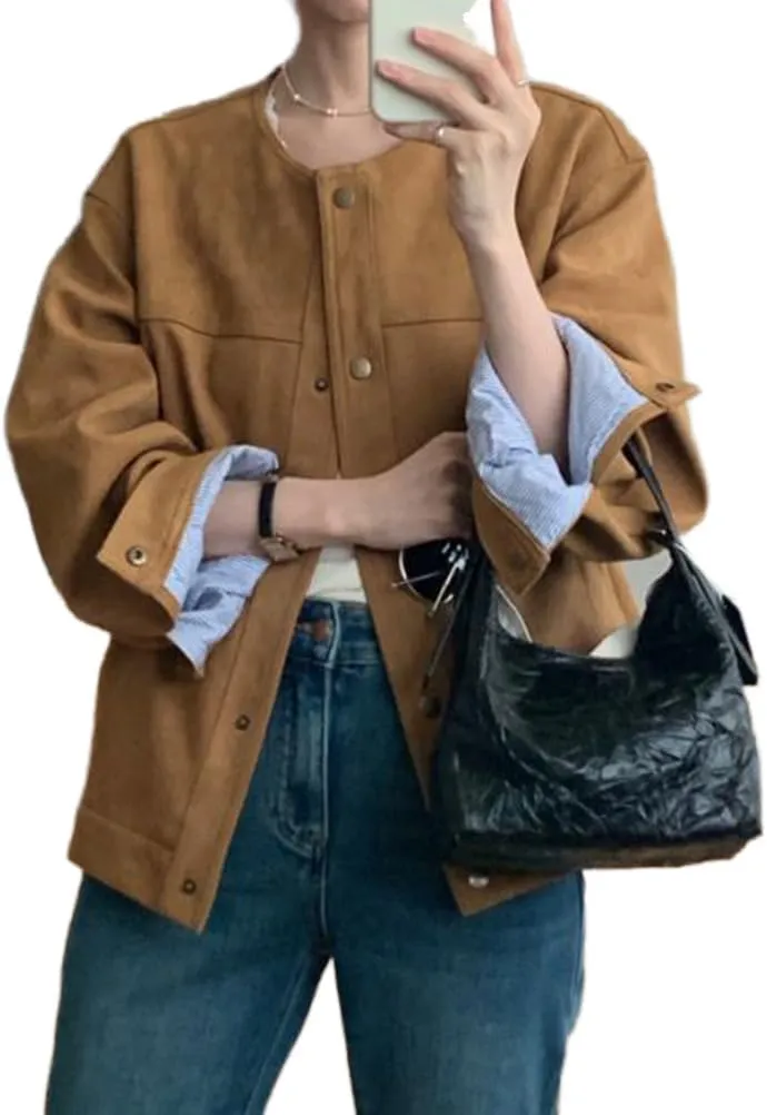 Mywinway Cropped Suede Jacket for Women 2024 Fall Winter Collarless Faux Leather Blazer Jackets Casual Trench Coat Outerwear