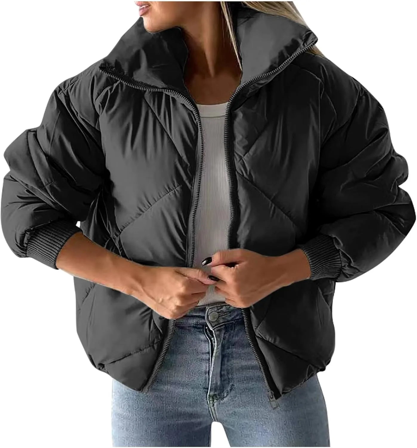 NATHGAM Lightweight Cropped Puffer Jacket Women Winter Warm Short Quilted Down Jacket Oversized Stand Collar Bubble Outerwear