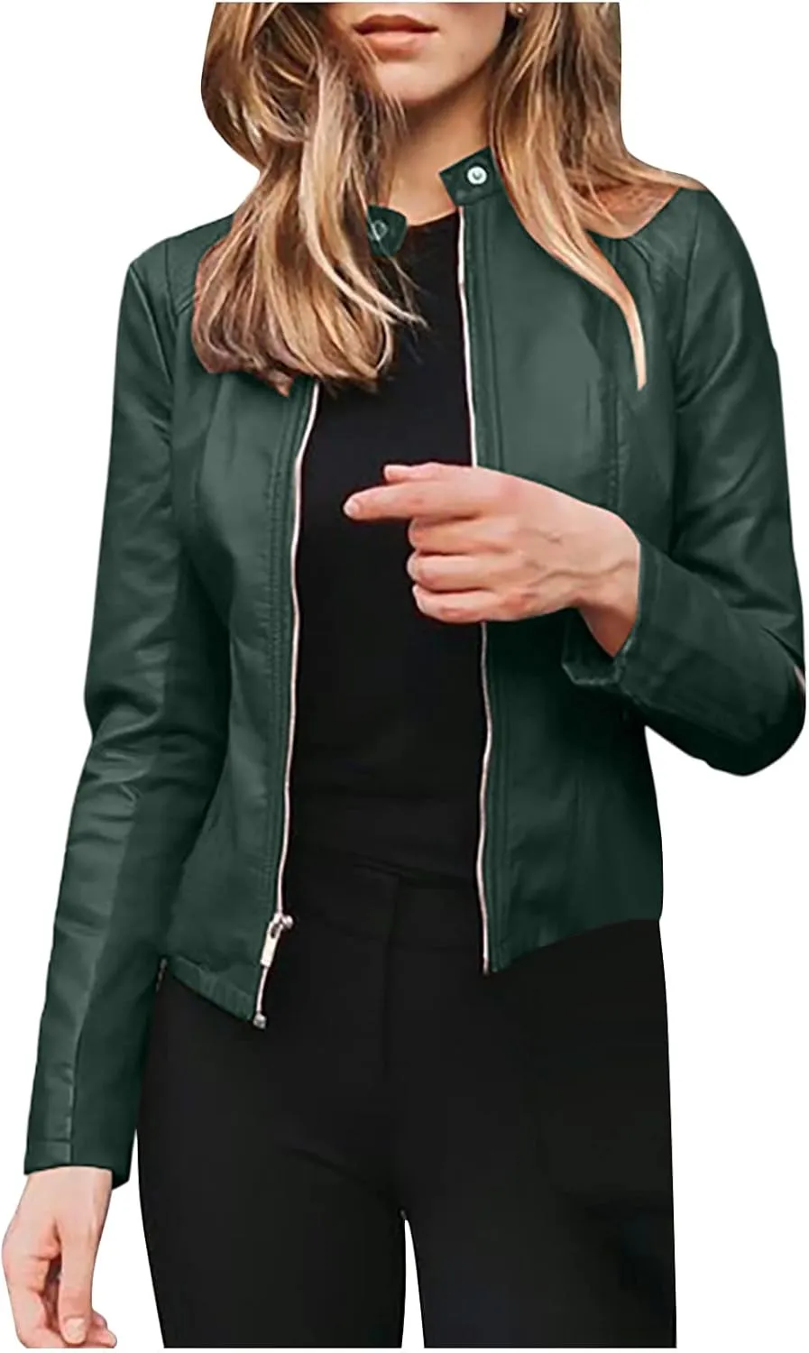 NATHGAM Women's Faux Leather Jackets Trendy Zip Up Motorcycle PU Outwears Stand Collar Motocross Racer Bomber Short Jackets