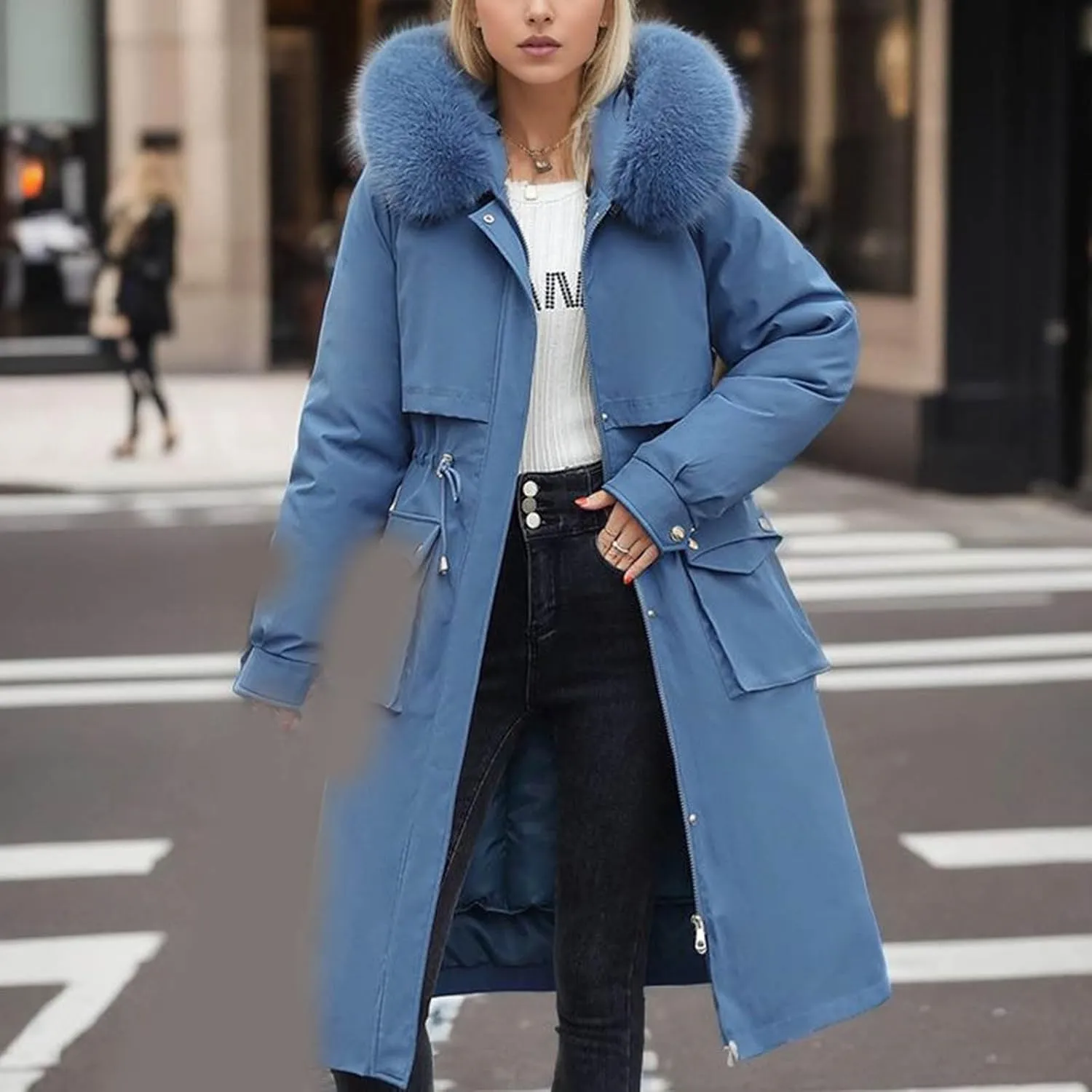 NATHGAM Women's Puffer Winter Warm Down Full Zip Up Long Sleeve Outdoor Thicken Mid Puffer Coat Warm Jacket with Faux Fur
