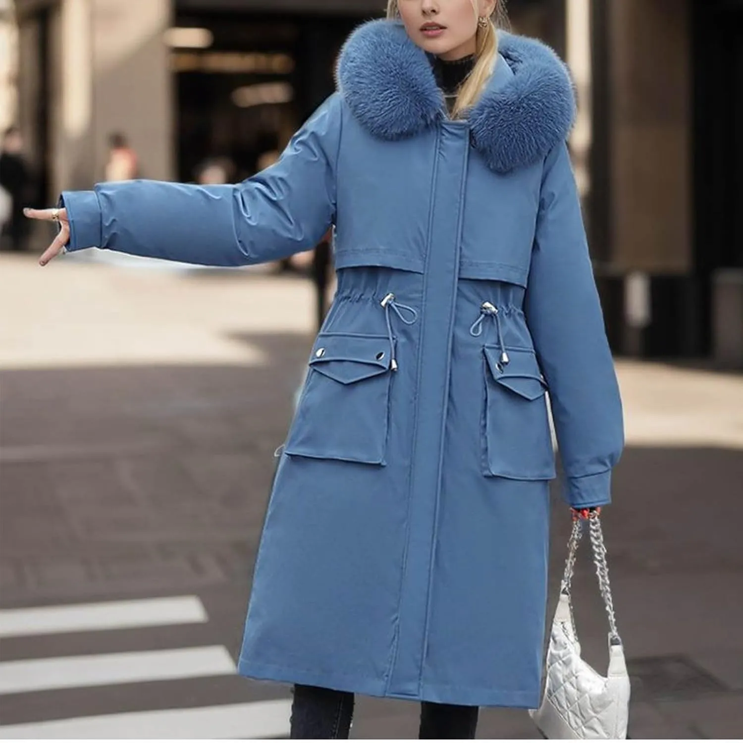 NATHGAM Women's Puffer Winter Warm Down Full Zip Up Long Sleeve Outdoor Thicken Mid Puffer Coat Warm Jacket with Faux Fur