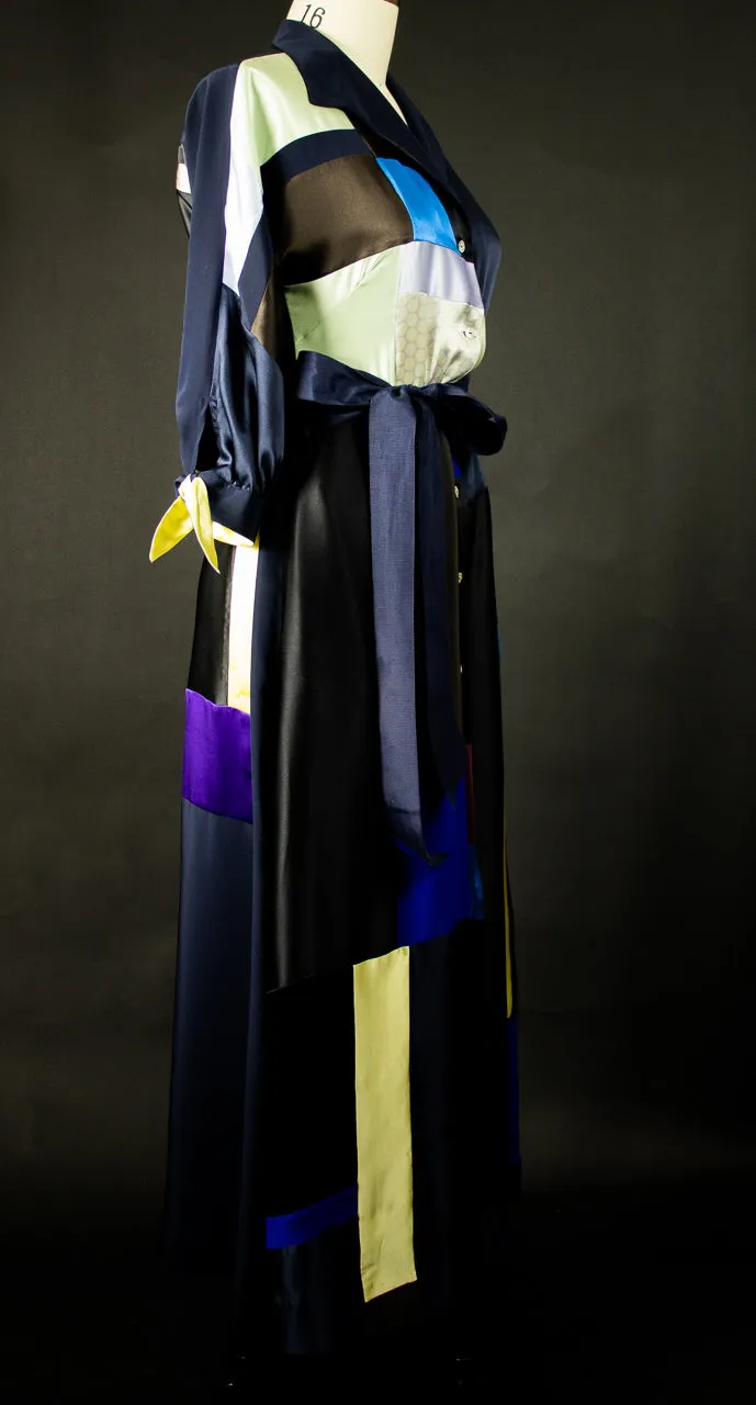 Navy Blue Patchwork Silk Charmuese Robe