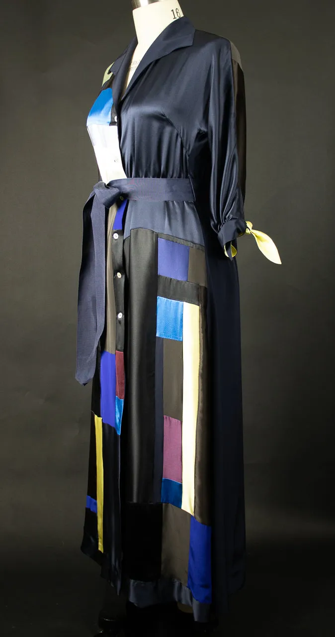 Navy Blue Patchwork Silk Charmuese Robe