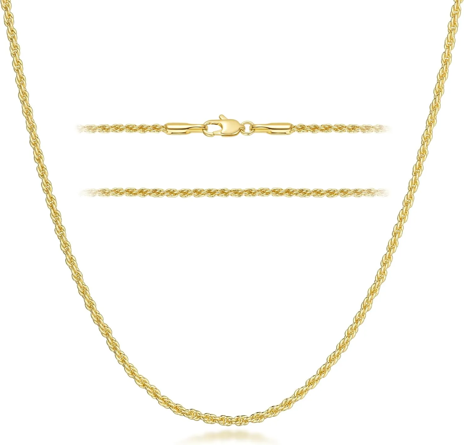Necklace 14k Gold Chain for Women 2mm Rope Gold Chain Necklace Womens Men Non-Tarnish & Dainty Necklaces for Women Men All Lengths 16-26 Inches