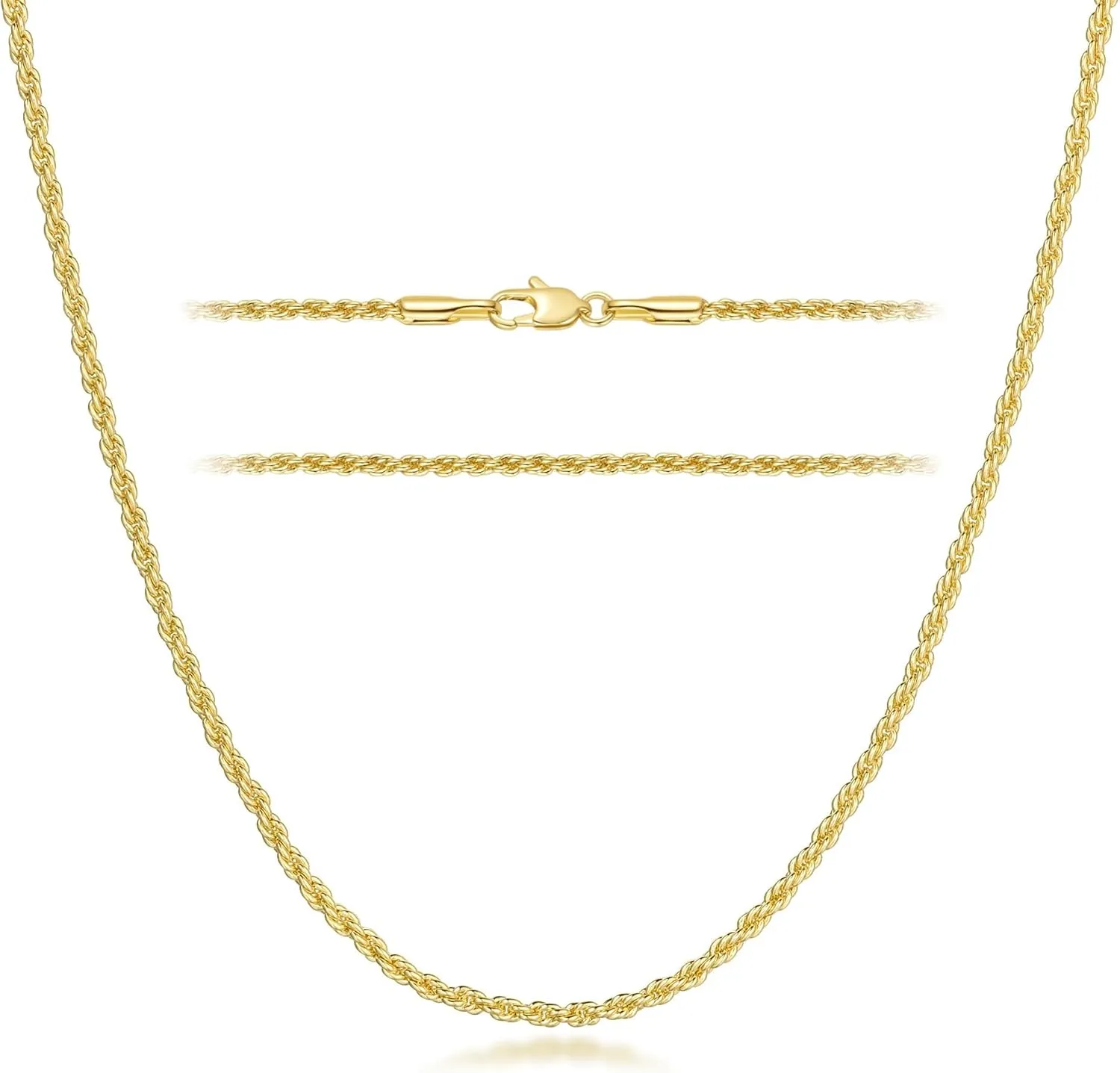 Necklace 14k Gold Chain for Women 2mm Rope Gold Chain Necklace Womens Men Non-Tarnish & Dainty Necklaces for Women Men All Lengths 16-26 Inches
