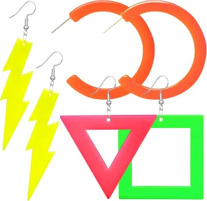 Novelty Place 3 Pairs 80s 90s Neon Earrings for Women and Girls  Retro Acrylic Drop Earrings with Yellow Bolt, Orange Round, Triangle/Square Designs - Ideal Costume for Dancing Glow Party Accessory