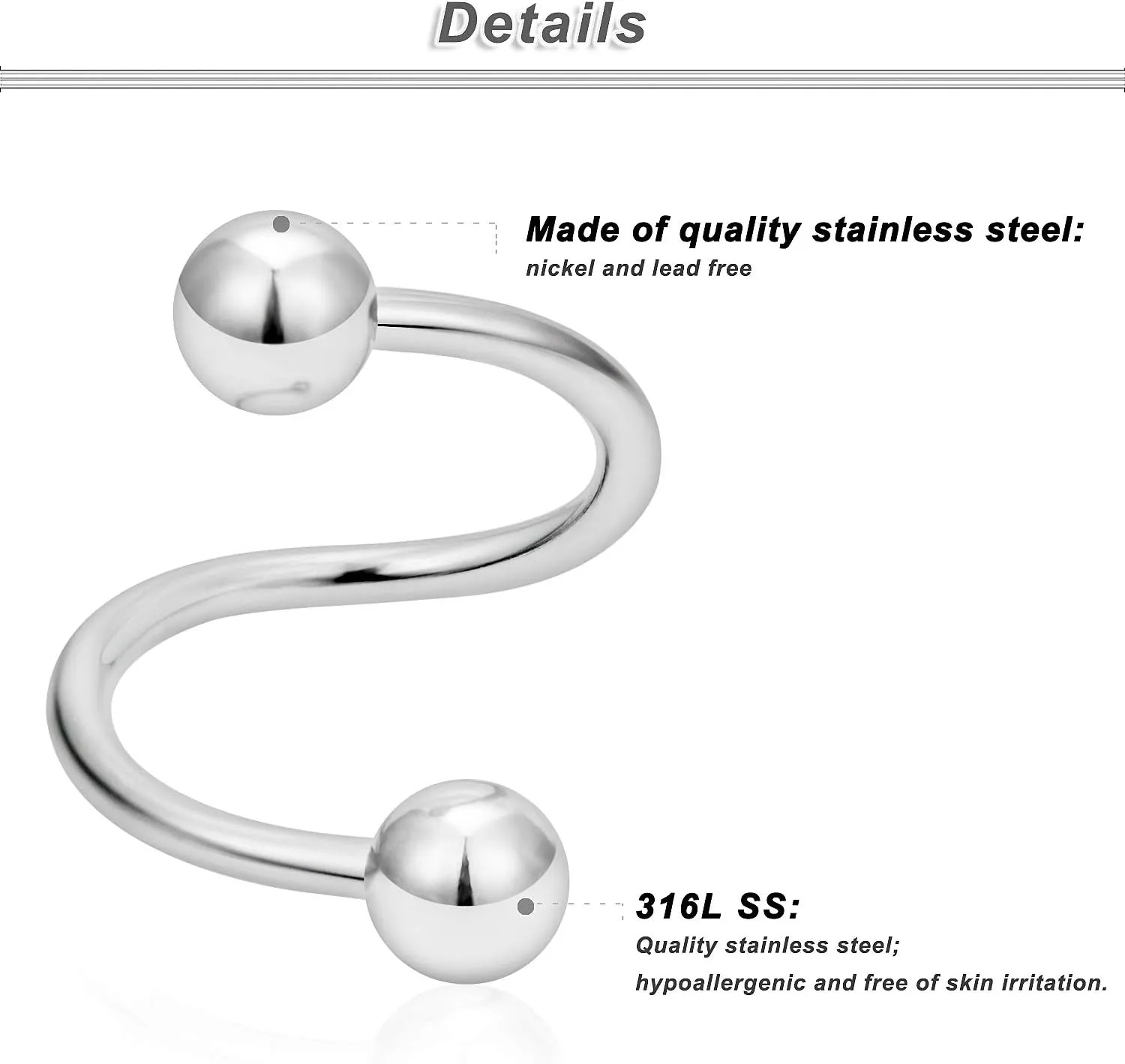 Ocptiy 16G Spiral Lip Rings Hoops 316L Surgical Steel Cartilage Helix Tragus Earring Lip Eyebrow Labret Septum Smiley Rings Hoop Piercing Jewelry 8mm 10mm