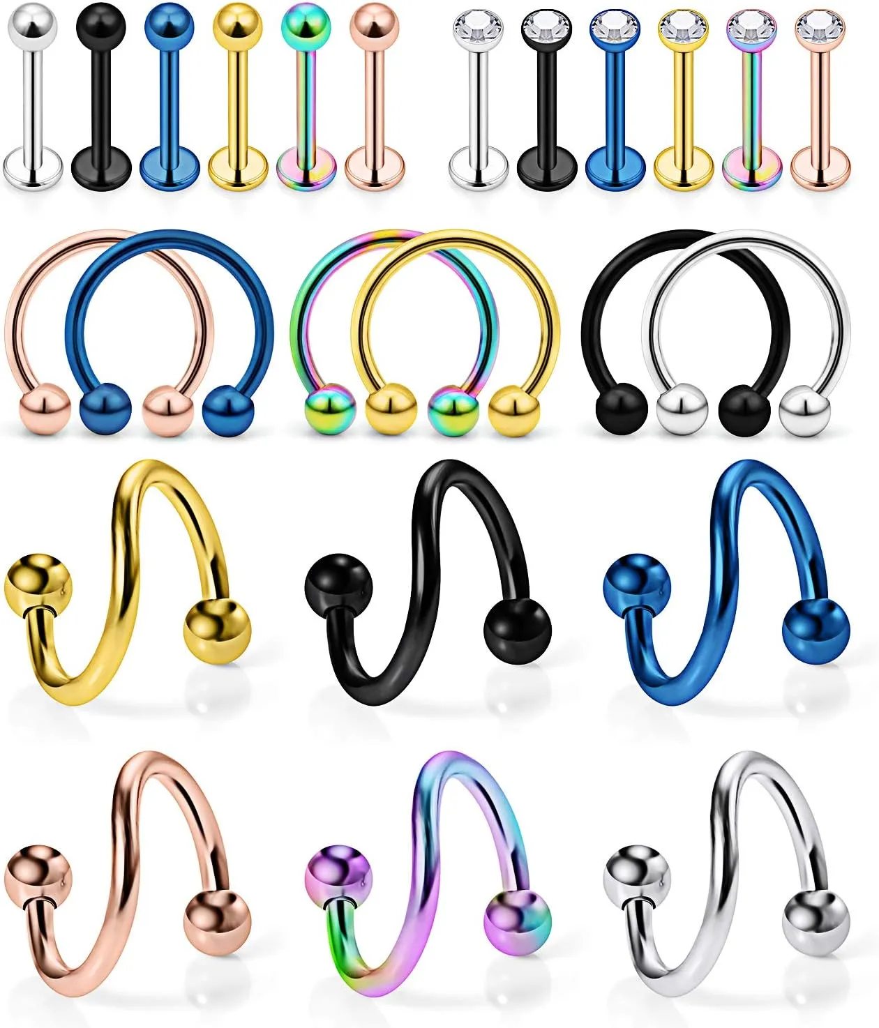 Ocptiy 16G Spiral Lip Rings Hoops 316L Surgical Steel Cartilage Helix Tragus Earring Lip Eyebrow Labret Septum Smiley Rings Hoop Piercing Jewelry 8mm 10mm