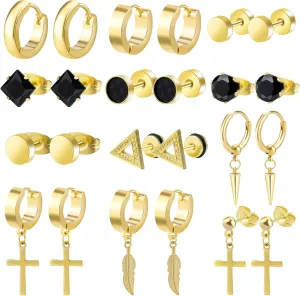ONESING 12 Pairs Black Stud Earrings Set for Men and Women - Stainless Steel Cross Jewelry Piercings