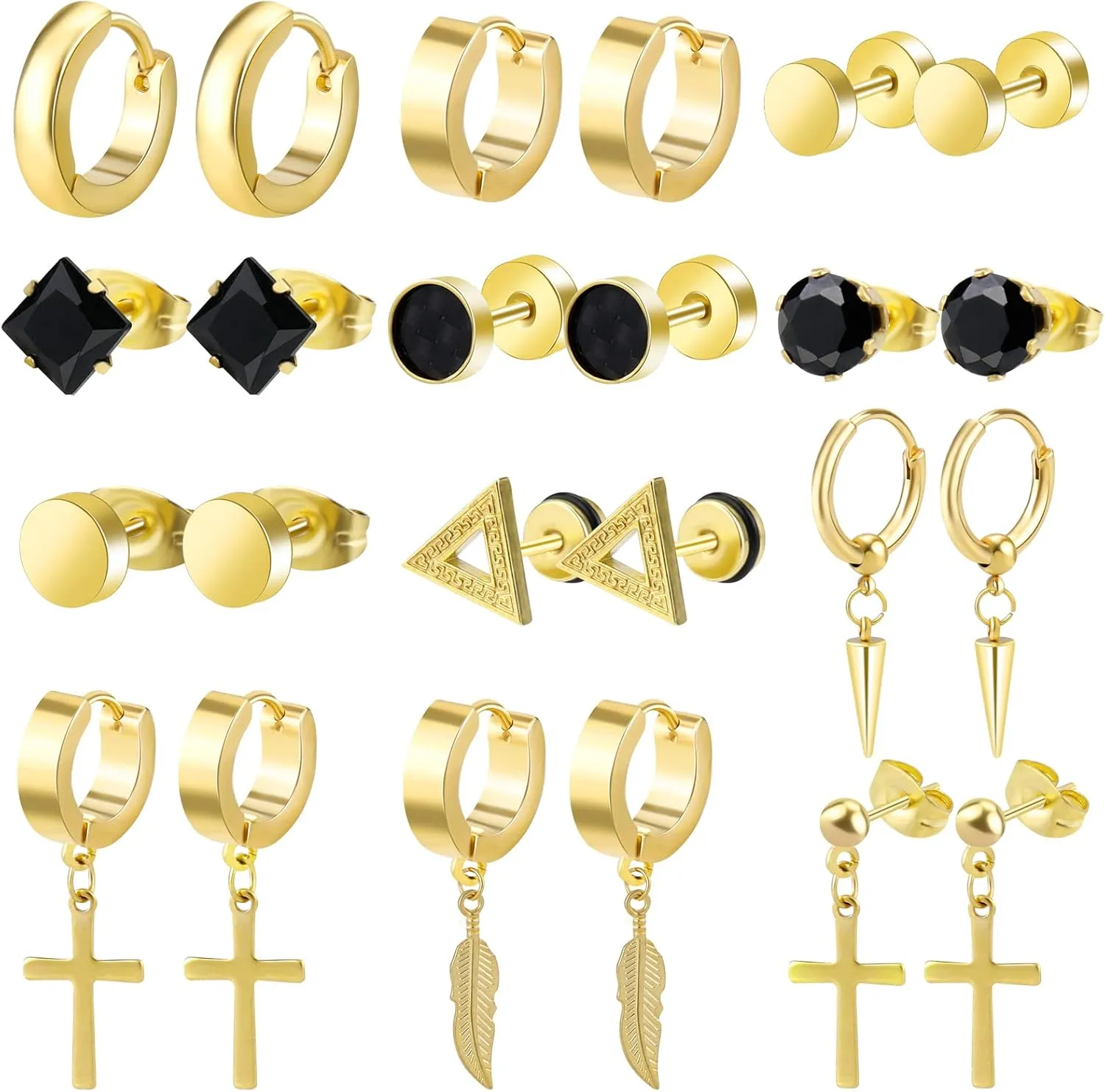 ONESING 12 Pairs Black Stud Earrings Set for Men and Women - Stainless Steel Cross Jewelry Piercings
