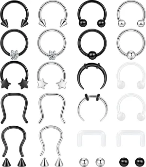 ONESING 20-30 Pcs Septum Rings 16G Jewelry - Surgical Steel Piercings Horseshoe Helix Daith Smiley Tragus Lip Rings Nose Hoop Hinged Seamless Piercing Jewelry for Women Men