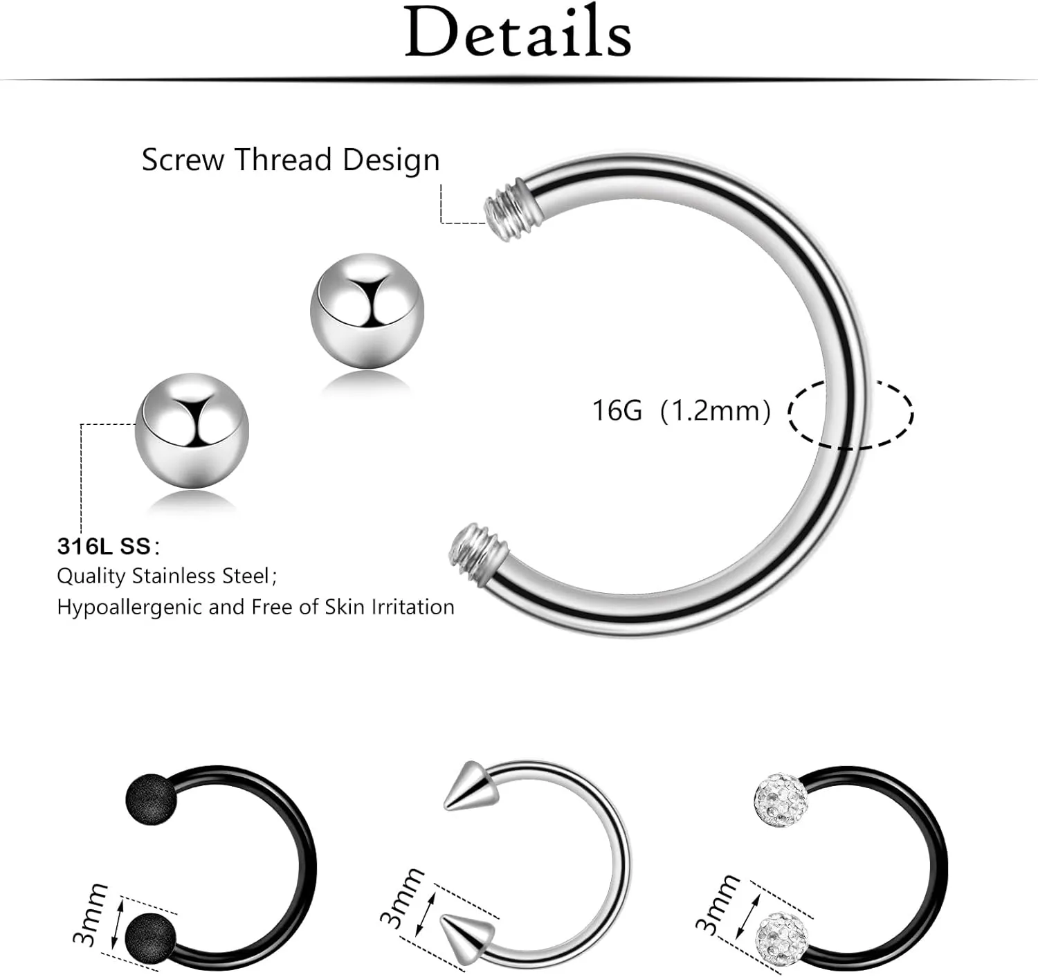 ONESING 20-30 Pcs Septum Rings 16G Jewelry - Surgical Steel Piercings Horseshoe Helix Daith Smiley Tragus Lip Rings Nose Hoop Hinged Seamless Piercing Jewelry for Women Men