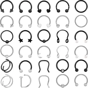 ONESING 20-30 Pcs Septum Rings 16G Jewelry - Surgical Steel Piercings Horseshoe Helix Daith Smiley Tragus Lip Rings Nose Hoop Hinged Seamless Piercing Jewelry for Women Men
