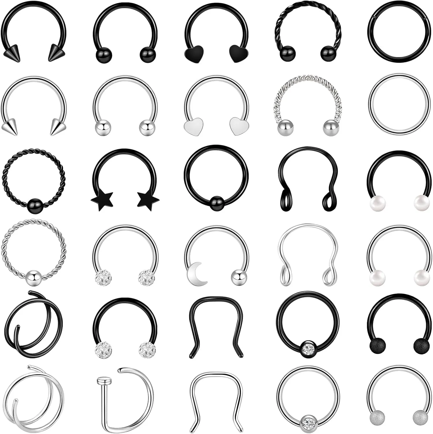 ONESING 20-30 Pcs Septum Rings 16G Jewelry - Surgical Steel Piercings Horseshoe Helix Daith Smiley Tragus Lip Rings Nose Hoop Hinged Seamless Piercing Jewelry for Women Men