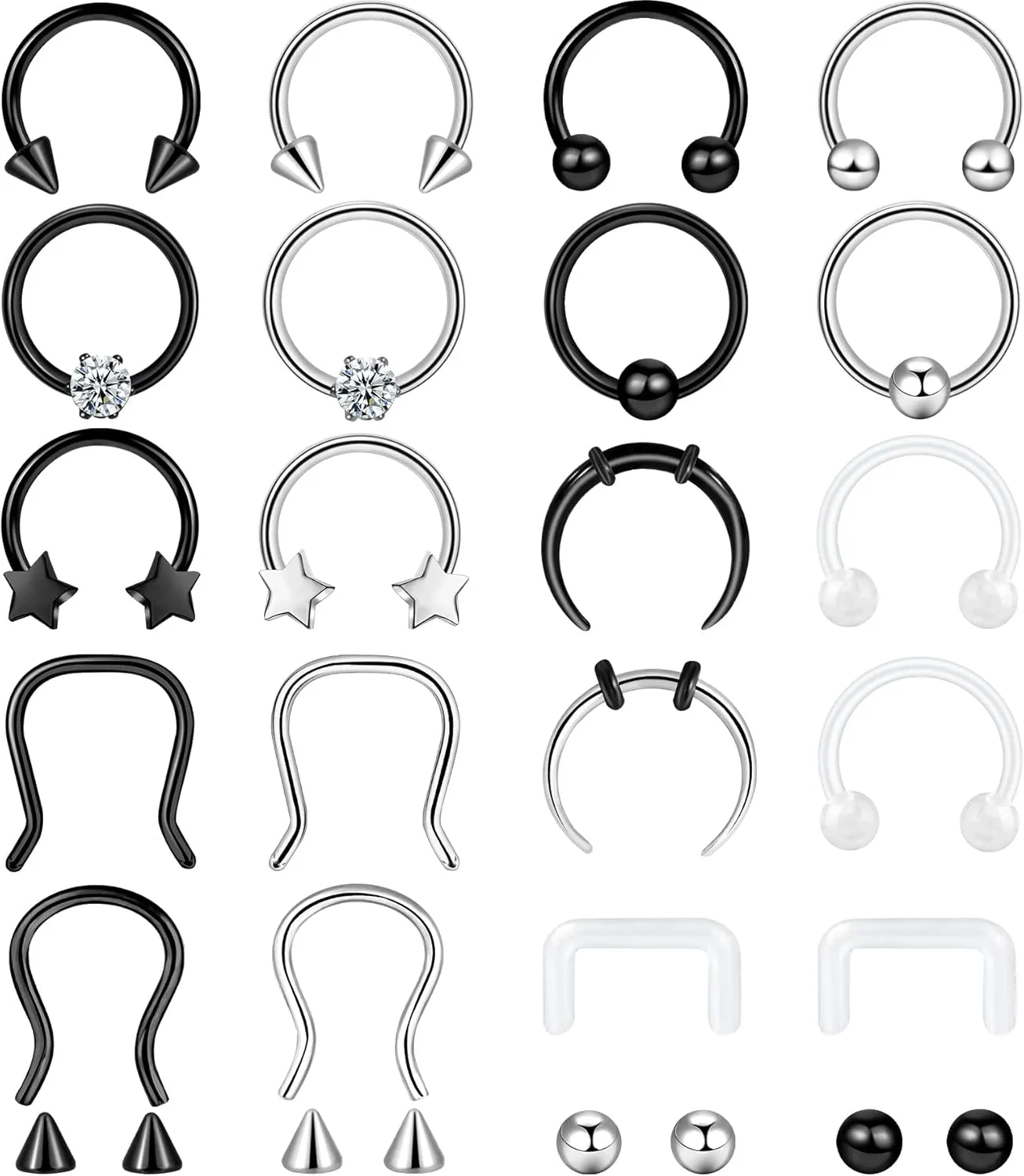 ONESING 20-30 Pcs Septum Rings 16G Jewelry - Surgical Steel Piercings Horseshoe Helix Daith Smiley Tragus Lip Rings Nose Hoop Hinged Seamless Piercing Jewelry for Women Men