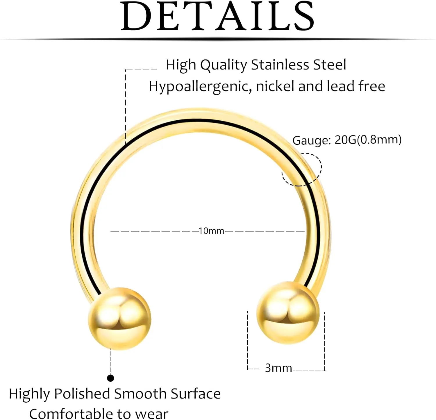 ONESING 20 Pcs 16G Lip Rings for Women Nose Piercing Jewelry Tragus Horseshoe Earrings Hypoallergenic Stainless Steel Pink 10mm
