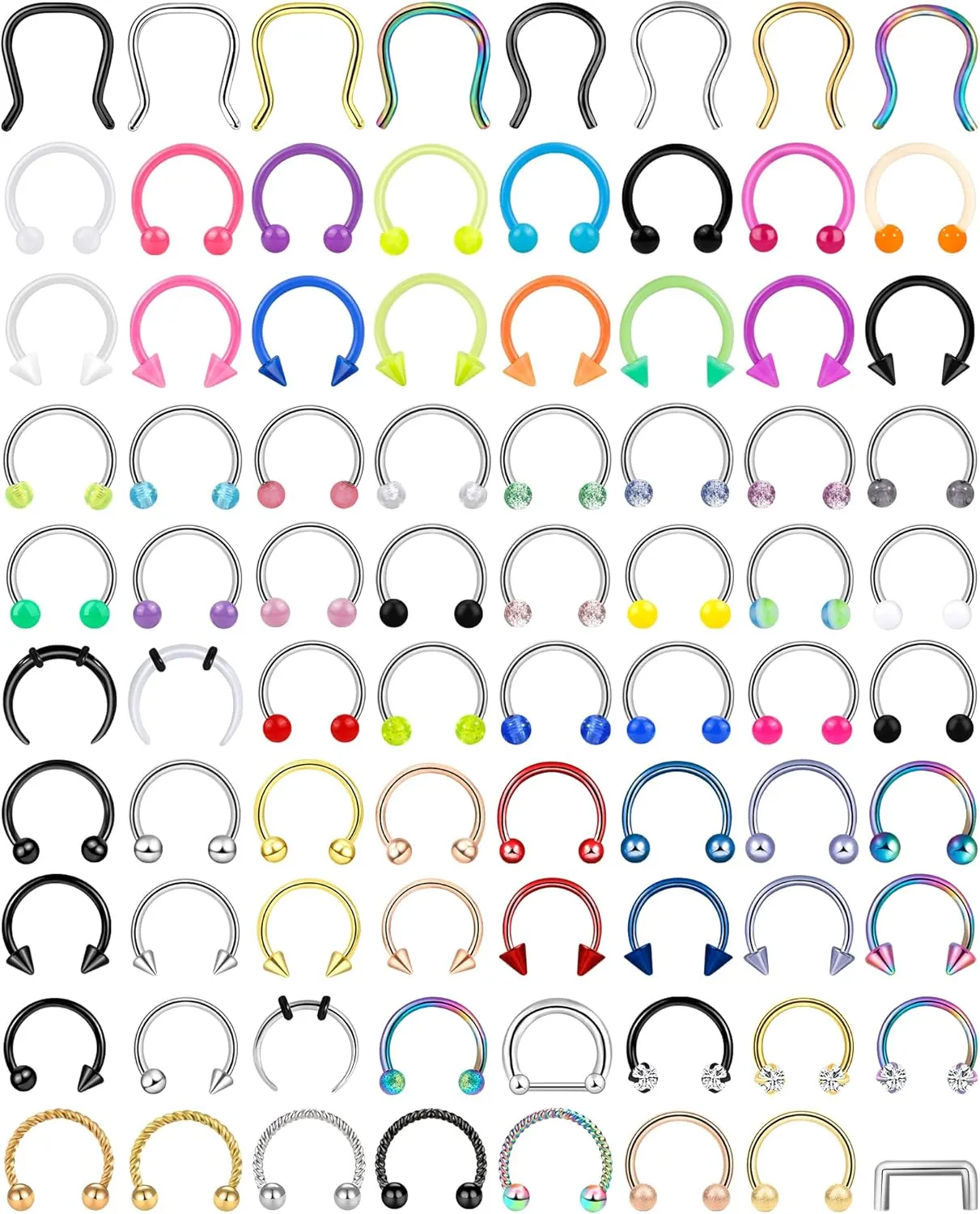 ONESING 53-80 Pcs Septum Rings 16g, Septum Rings for Women Septum Piercing Jewelry Horseshoe Nose Hoop Rings Lip Tragus Cartilage Earrings Stainless Steel Body jewelry 10mm