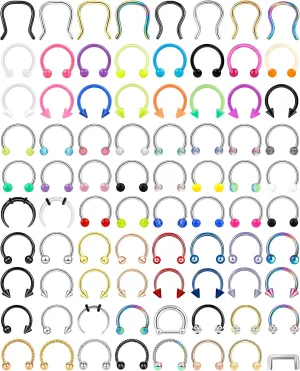 ONESING 53-80 Pcs Septum Rings 16g, Septum Rings for Women Septum Piercing Jewelry Horseshoe Nose Hoop Rings Lip Tragus Cartilage Earrings Stainless Steel Body jewelry 10mm