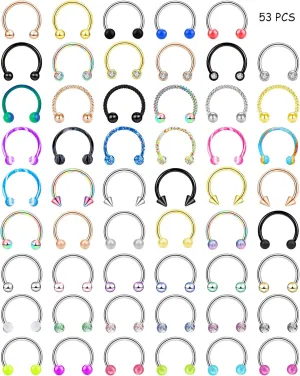 ONESING 53-80 Pcs Septum Rings 16g, Septum Rings for Women Septum Piercing Jewelry Horseshoe Nose Hoop Rings Lip Tragus Cartilage Earrings Stainless Steel Body jewelry 10mm