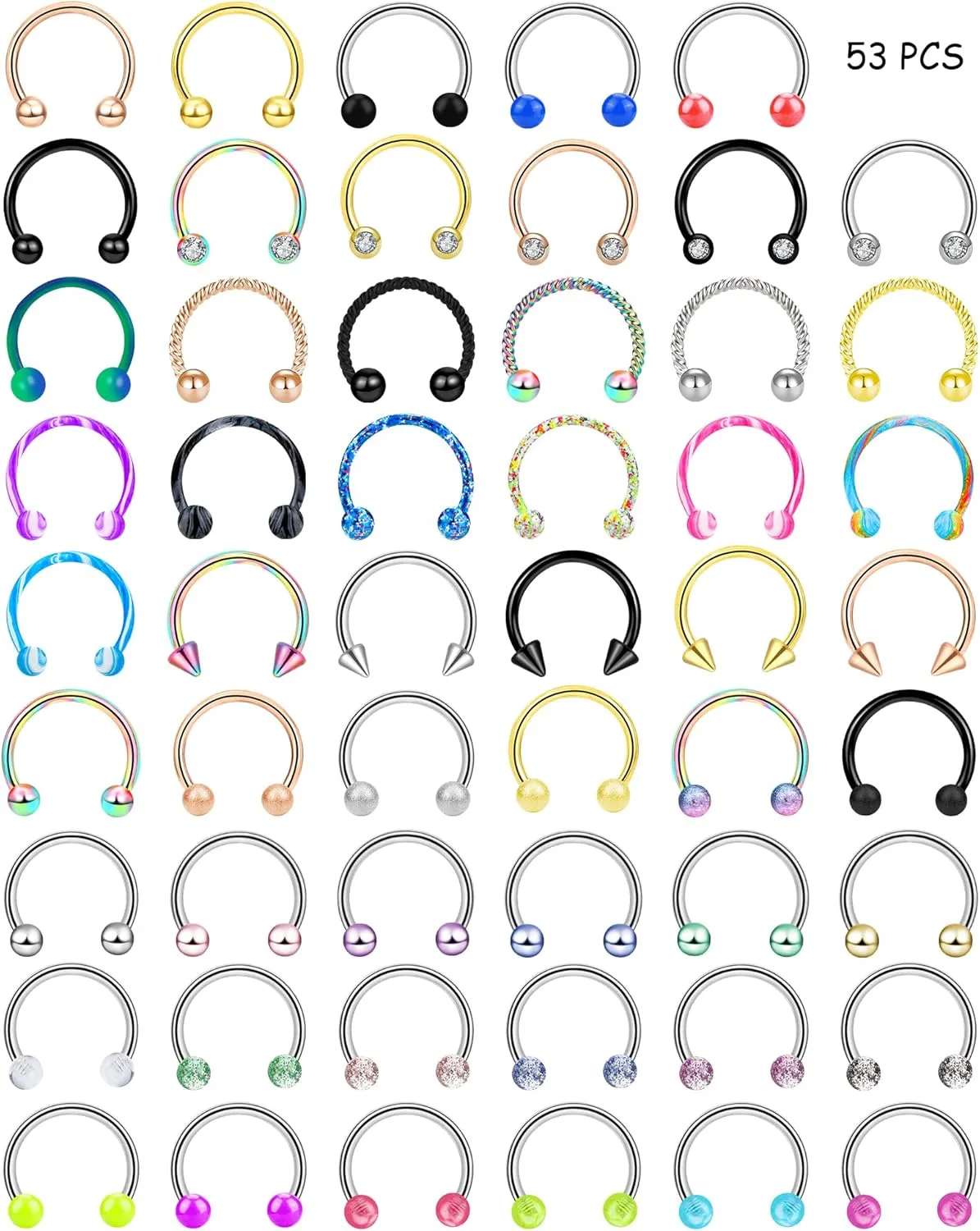 ONESING 53-80 Pcs Septum Rings 16g, Septum Rings for Women Septum Piercing Jewelry Horseshoe Nose Hoop Rings Lip Tragus Cartilage Earrings Stainless Steel Body jewelry 10mm