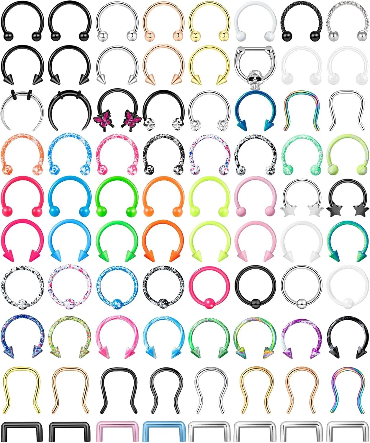 ONESING 53-80 Pcs Septum Rings 16g, Septum Rings for Women Septum Piercing Jewelry Horseshoe Nose Hoop Rings Lip Tragus Cartilage Earrings Stainless Steel Body jewelry 10mm