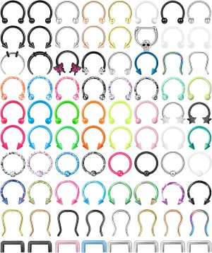 ONESING 53-80 Pcs Septum Rings 16g, Septum Rings for Women Septum Piercing Jewelry Horseshoe Nose Hoop Rings Lip Tragus Cartilage Earrings Stainless Steel Body jewelry 10mm