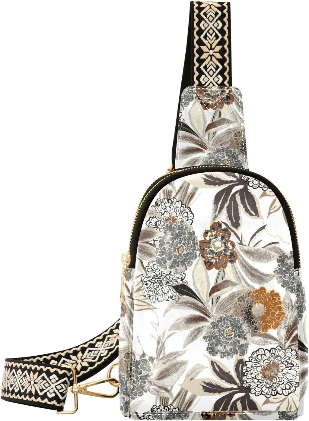 Oriental Art Flowers and Leaves Fanny Pack Crossbody PC Leather Small Sling Bag for Women Ethnic Folk Texture Fashion Waist Packs Chest Bag for Travel Sports Running Hiking