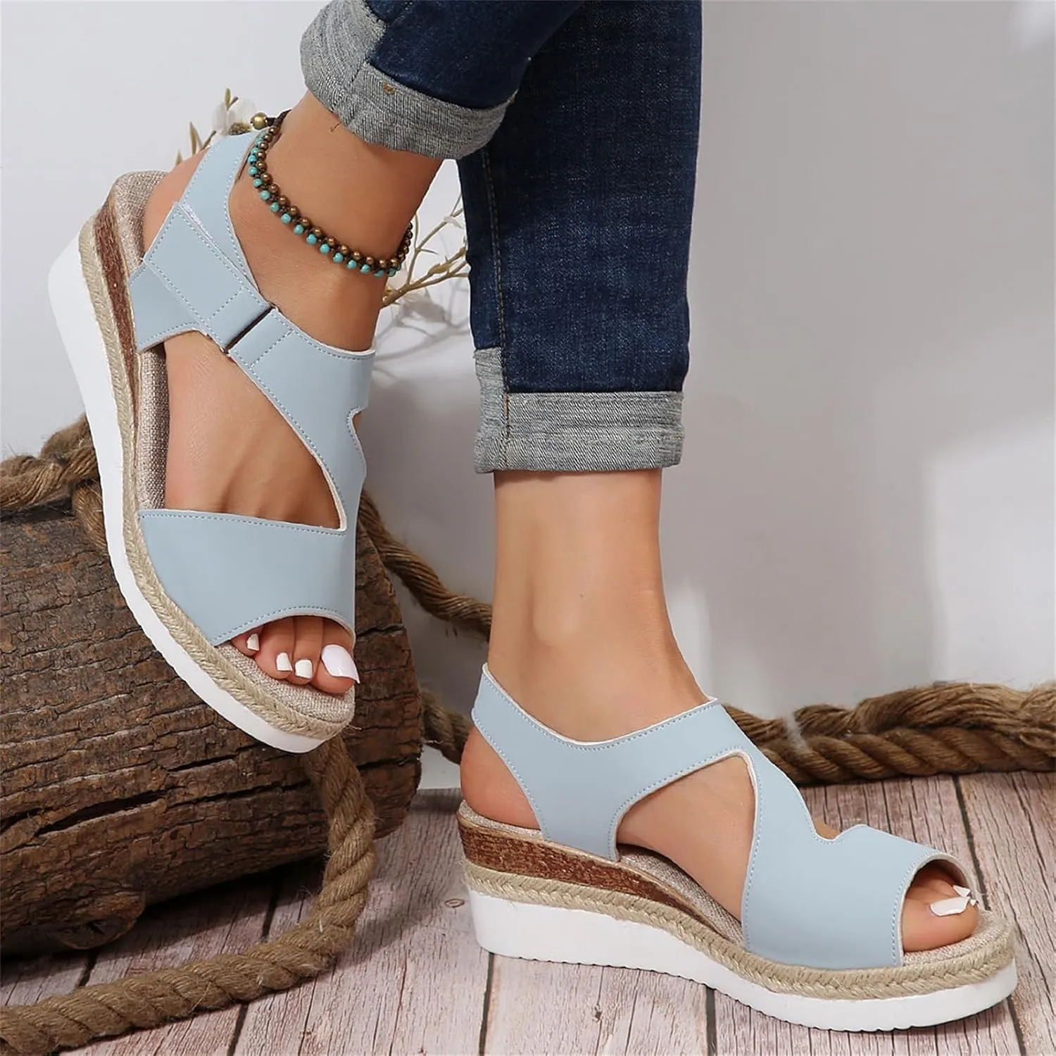 Orthopedic Sandals for Women Summer Buckle Ankle Strap Slip On Sandals, Comfy Open Toe Flat Wedges Comfortable Espadrilles Flats Platform Walking Shoes All Day Comfort