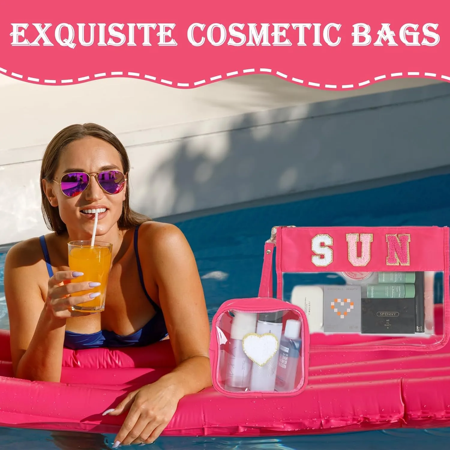party greeting 2Pcs Sun Gifts Chenille Makeup Bags Portable Travel Cosmetic Bag with Zipper Preppy Patch Letter Bag Waterproof Storage Purse Flat Clear Pouch PVC Organizer for Women